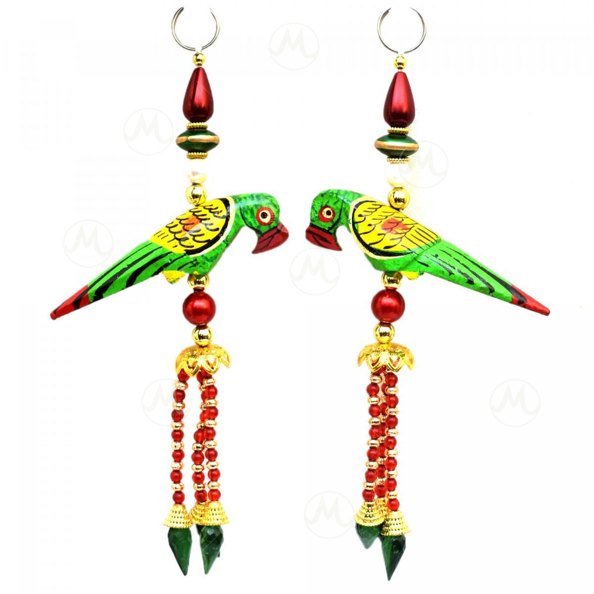 Forest fairy parrot golden sun and blue monk asymmetric design hand painted  wooden - Shop jiangxiaoni Earrings & Clip-ons - Pinkoi